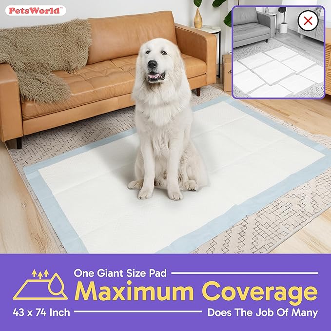 PETSWORLD Premium Extra Large Dog Pee Pads (43" x 74") – Jumbo Puppy Training & Incontinence Pads for Large Dogs & Multi-Pet Homes – Leak-Proof, Odor Control, 5-Layer Absorbency