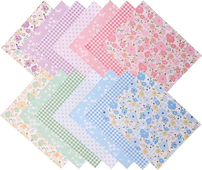 Hanjunzhao 14 Pcs Pink Green Blue Purple Floral Dots Plaid Print Cotton Fabric Fat Quarters Bundles 18 x 22 Inch Sewing Fabrics for Quilting Chrismas Holiday Party Decor DIY Crafts, Sweet Garden