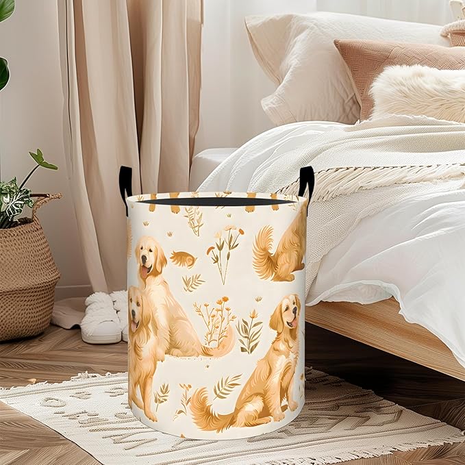 ainori Cute Golden Retriever Dog Laundry Basket, Oxford Cloth Nature Dirty Clothes Collapsible Hamper for Room Decor, Puppy and Plant Print Gifts Toy Organizer 19.7*15.8 Inch for Bedroom Bathroom Dorm
