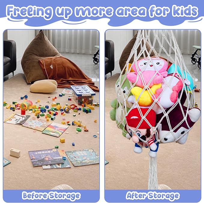 Stuffed Animal Storage Organizers - Toy Net or Hammock Corner for Plush Animal Organizer Suitable as Plush Toy Holder Wall, Kid Bedroom Decor, Boho Nursery Playroom Organizer, Stuffed Animal Holder