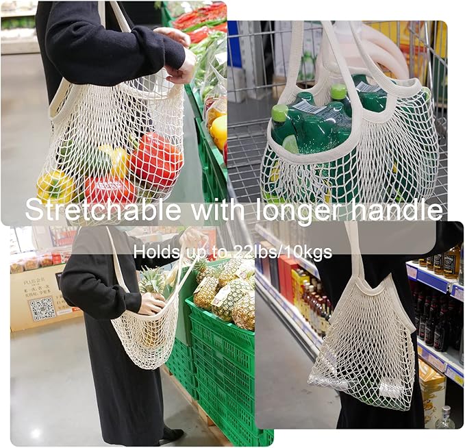 meetall Mesh Grocery Bags, Reusable Tote Bags with Sturdy Handle, Washable, Eco Friendly, Cotton String Net, for Shopping and Storage Fruit Vegetable (5 Pack, One Size, Off White/Pink/Blue/Red/Black)