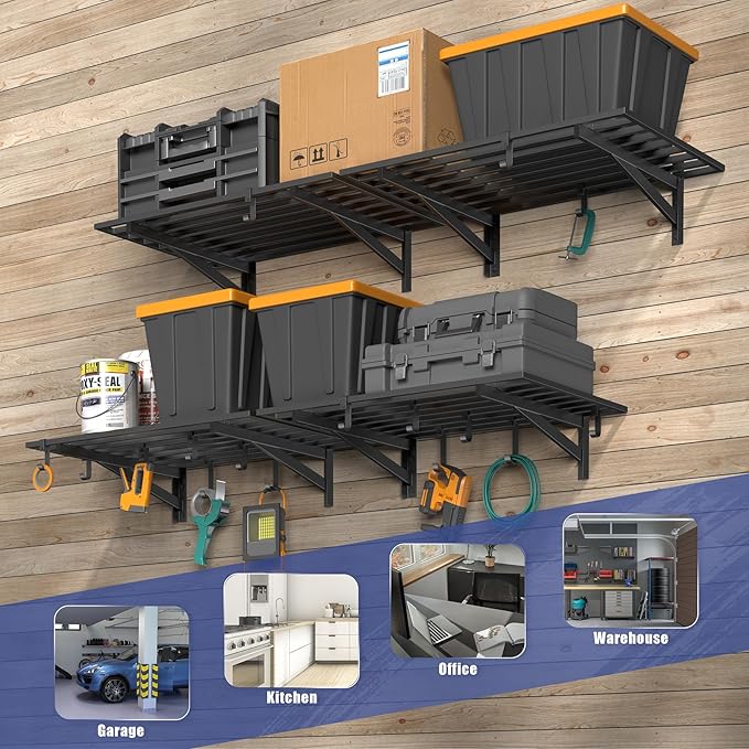 Jusgym 4-Pack 2x3ft Garage Shelving Wall Mounted, 2' x 3' Heavy Duty Garage Storage Shelves with Hooks, 800LB Capacity