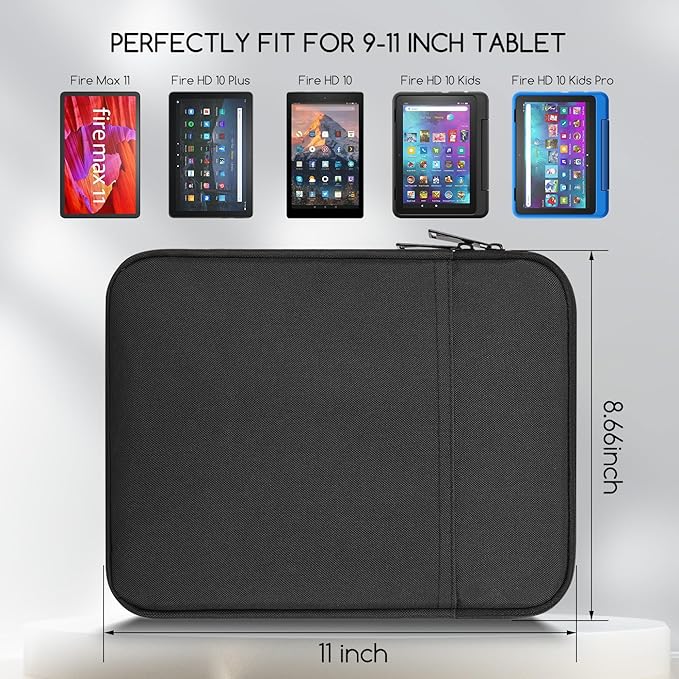 9-11 Inch Tablet Carrying Sleeve Case for Amazon Fire Max 11/10.1" Fire HD 10 Plus / 11" iPad Pro M5 M4 / Air M3 M2 / iPad 11th,Samsung Galaxy Tab S9 S8 S7 A8 11" Tablet Bag(Black)
