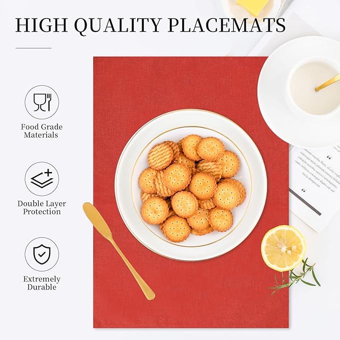 Placemats Set of 6 Linen Type Fabric Cloth Placemats, 19 x 13 Inch Double Layered Thick Wrinkle Free Heat Resistant Table Place, for Dining, Kitchen, Party (Red, 48 * 33cm)