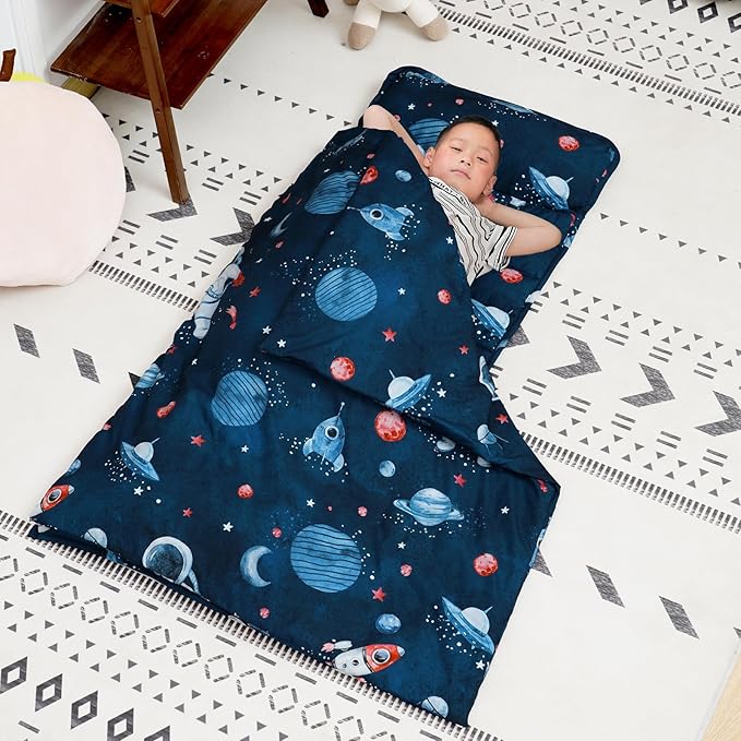 david's kids Toddler Nap Mat Set with Removable Pillow, Ultra Soft Slumber Bags for Boys，Perfect for Preschool, Daycare, Kids Sleeping Bags with Rollup Design, 50"x20", Space