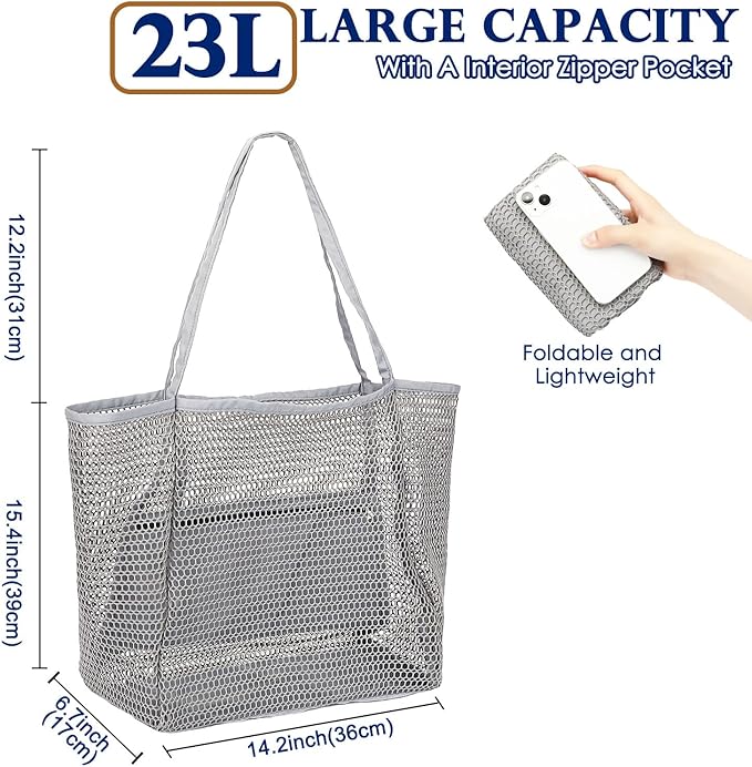 Fammart Mesh Beach Bag, Large Beach Tote with Zipper Pocket for Family Pool Bag for Toys & Vacation Essentials