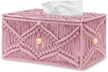 KaloKalo Handmade Tissue Box Cover Rectangle Decorative Macrame Boho Tissue Holder Cotton Rope Woven Napkin Facial Paper Organizer Bohemian Desk Storage Container with Buckle Wood Beads (Pink)