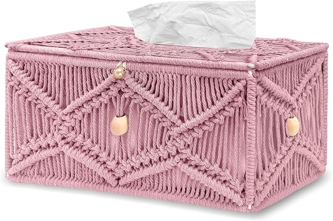 KaloKalo Handmade Tissue Box Cover Rectangle Decorative Macrame Boho Tissue Holder Cotton Rope Woven Napkin Facial Paper Organizer Bohemian Desk Storage Container with Buckle Wood Beads (Pink)
