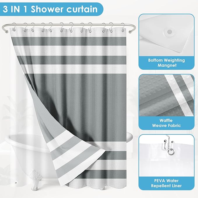 Nesphy Shower Curtain and Liner, Grey Striped 3 in 1 Shower Curtain and PEVA Liner Set with 12 Rust-Resistant Metal Hooks, Waterproof Fabric Shower Curtains for Bathroom, 72 W x 72 H