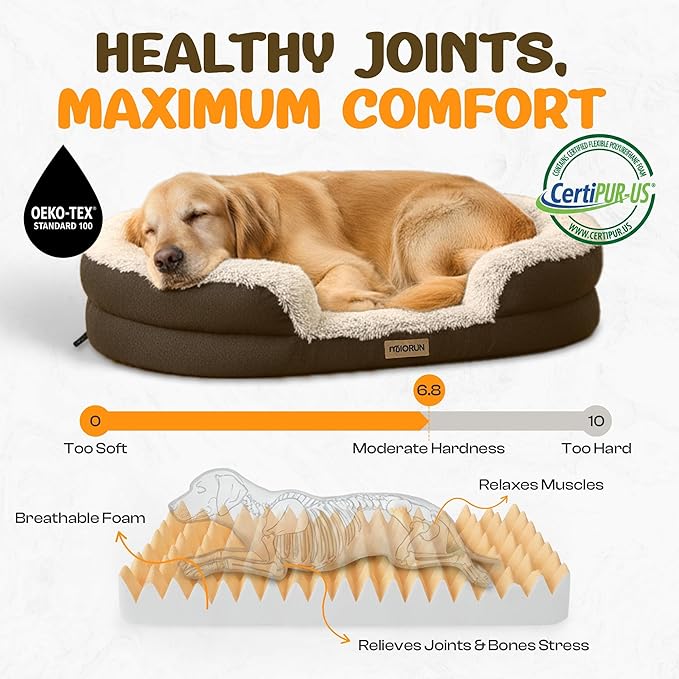 Miorun Fluffy Orthopedic Dog Bed for Small & Medium Dogs, Calming Plush Sofa Bed with Curved Bolster Support and Egg-Crate Foam Base, 35" Cozy Oval Pet Donut Bed with Washable Cover, Coffee