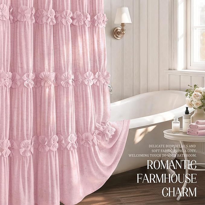 XOGUIBO Ruffle Shower Curtain with Handmade Bow Tie, Pink Linen Vintage Farmhouse Shower Curtain for Bathroom, 72" W x 72" H
