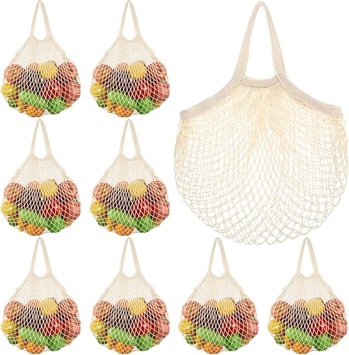 SATINIOR 8/16 Pcs Large Cotton Mesh Grocery Bags 16x16x12 Inch Reusable Cotton String Shopping Bag Beige Produce Container