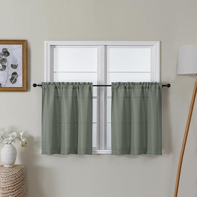 Lecloud Bessie Olive Green Short Curtains 24 Inch Length 2 Pcs, Faux Linen Kitchen Small Curtains, Rod Pocket Light Filtering Curtain Tiers Window Treatments for Bedroom Bathroom, Each 30 W x 24 L