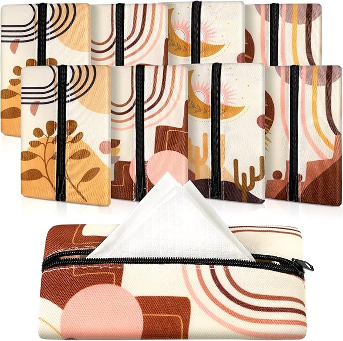 8 Pieces Purse Tissue Holder Reusable Travel Tissue Pouch Fabric Zipper Purse for Bag Car Office Home(Boho)