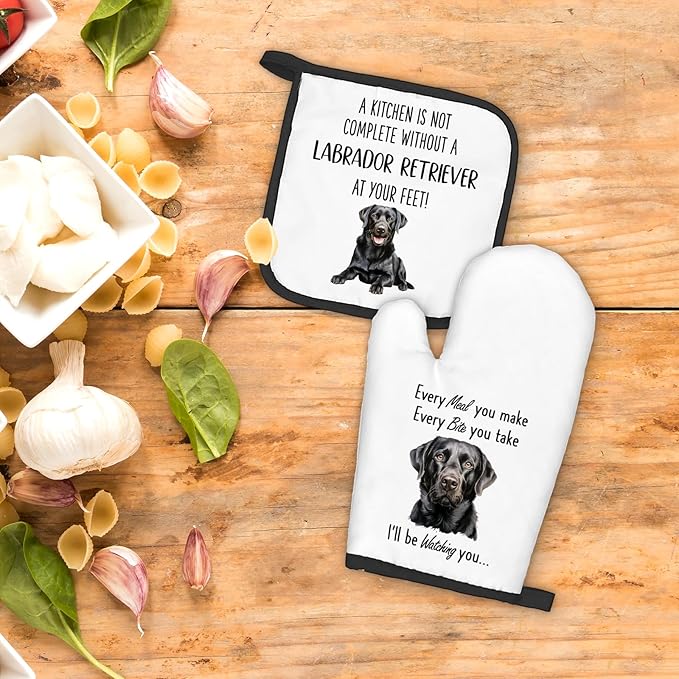 Black Lab Gifts Dog Oven Mitts and Pot Holders Sets, Black Labrador Dog Decor Kitchen Accessories Sets, Complete Without a Labrador Retriever Heat Resistant Oven Glove Potholders for Kitchen
