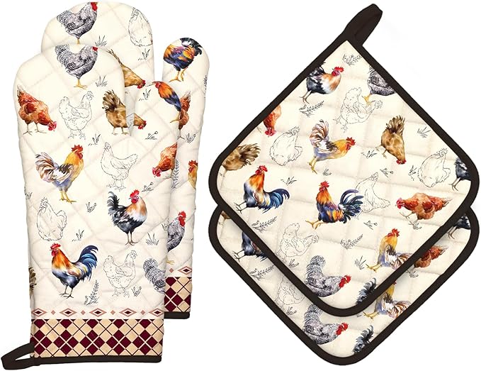 Roosters Oven Mitts and Pot Holders Sets 4Pcs, 100% Cotton Heat Resistant, Extra Long Oven Gloves Potholder for Kitchen Cooking Baking Decoration