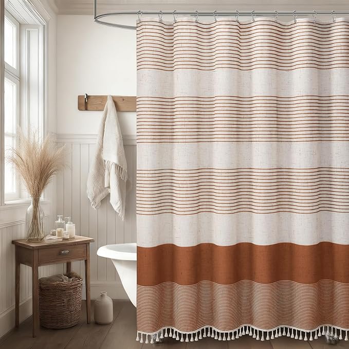 XOGUIBO Fall Shower Curtain Boho Linen Striped Shower Curtains for Bathroom with Tassel 72 X 72 Orange