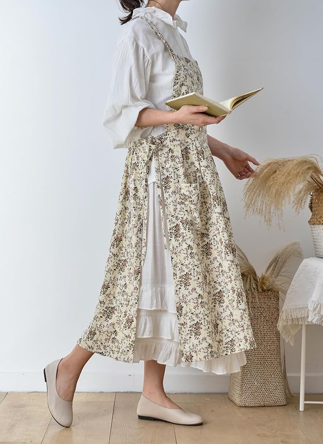 Japanese apron Women-Cross Back Apron for Women with Pockets, Pinafore Aprons, Womens Cotton Linen Apron