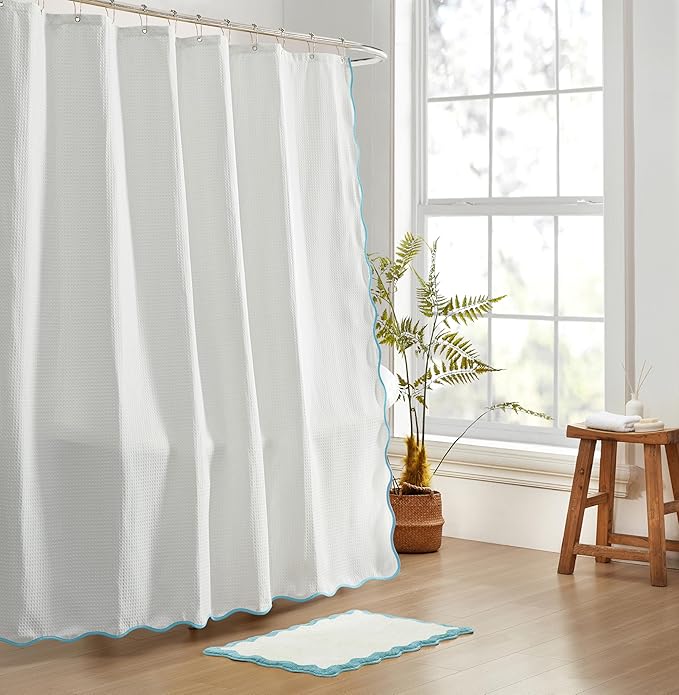 MONDAY MOOSE Scalloped Waffle Weave Shower Curtain with Rustproof Metal Grommet Holes for Bathroom, Machine Washable, Hooks Included (72x72 inch, Sky Blue/White)