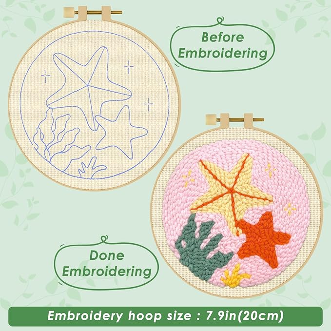 ERKOON Punch Needle Kit Adults Beginners, DIY Easy Sea Animals Embroidery Set for Starter Art Craft, Needling Punch Project with Patterns, Tools, Yarns, Hoop, Instruction (Starfish)