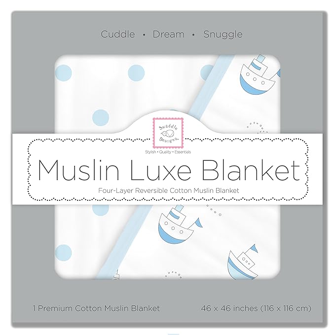 SwaddleDesigns 4-Layer Cotton Muslin Luxe Blanket, Baby and Toddler Cuddle and Dream, 46x46 inches, Pastel Blue Nautical Little Ships and Dots