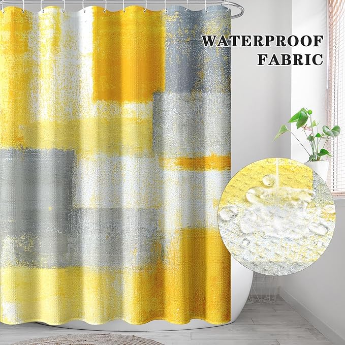 Culudea Grey Yellow Painting Shower Curtain Set, Gray Contemporary Abstract Bathroom Window Waterproof Shower Curtain Set for Bathroom Decor