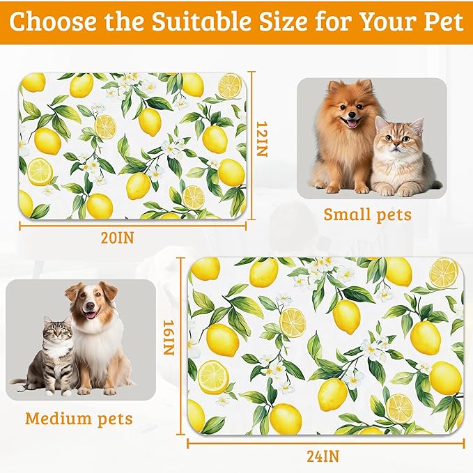 Lemon Feeding Mat,Green Leaves Absorbent Quick-Dry Cat Dog Food and Water Bowl Mats,Non-Slip Rubber Backing Mat,Cat Dog Accessories Supplies 12" x 20"
