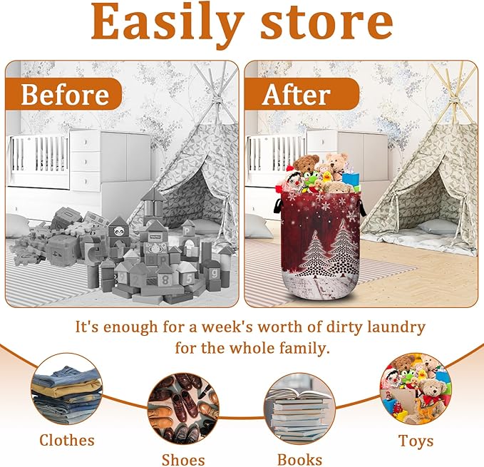 Coffee Bean Tree Laundry Basket with Sturdy Handles, Red Christmas Snowflake Collapsible Oxford Cloth Laundry Hamper Organizer Basket for Bathroom Bedroom 15.7x20 Inch
