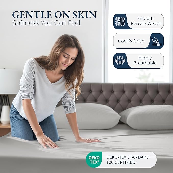 LANE LINEN 100% Organic Cotton Fitted Sheet Full Size, 3Pc Set (1 Fitted Sheet, 2 Pillowcases), Percale Weave, Full Bed Fitted Sheets, Breathable, Fits Mattress Upto 15' Deep - Silver(No Flat Sheet)