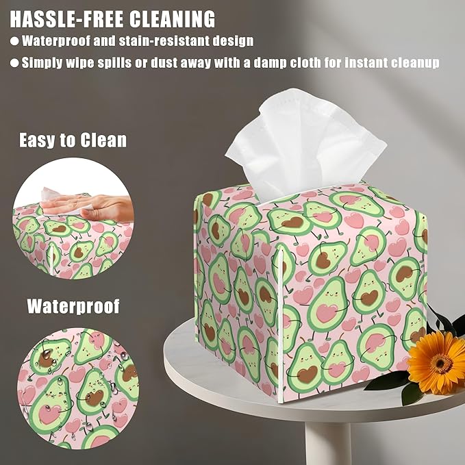 Leather Tissue Box Holder Avocado and Heart Tissue Box Cover Facial Paper Case Organizer Cube Napkin Dispenser for Bathroom Vanity Countertop Night Stand Office Car