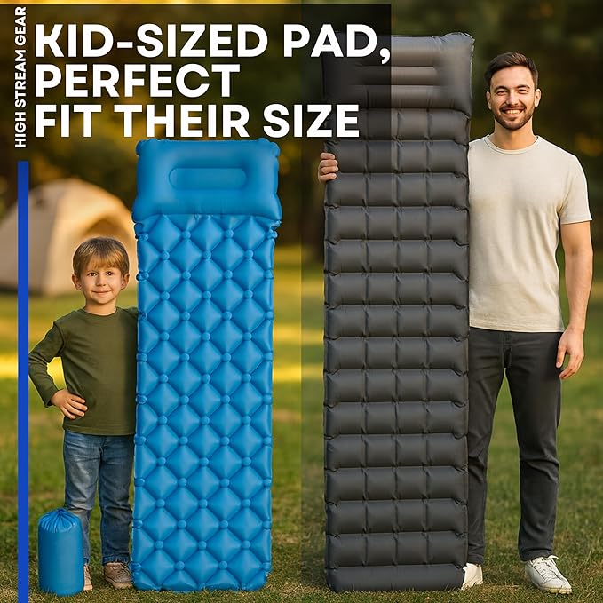 Kids Sleeping Pad for Camping and Sleepovers with Pillow, Inflatable Camping Mattress for Backpacking & Travel, Thick Toddler Cot Mat, Fast Inflating Camping Sleeping Pads for Kids