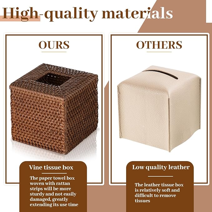 Kigley 2 Pcs Square Rattan Tissue Box Cover Boho Wicker Tissue Cube Box Cover 5.5'' x 5.5'' x 5.5'' Decorative Natural Wicker Hand Woven Napkin Box Holder Bathroom Office Car Accessories (Brown)
