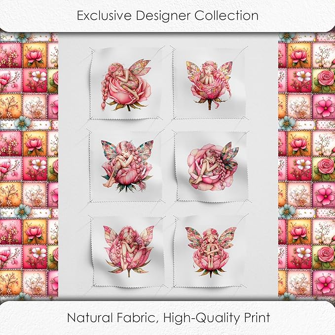 ‍ Pink Fairy Patchwork Cotton Fabric Panel – 6 Designs (10×10 inch Each) + Bonus Patchwork Sheet 29.5×19.6 inch, 100% Cotton 140 GSM