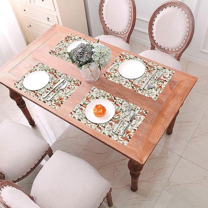 Boho Mushroom Decor Placemats Set of 4, Botanic Plant Beige Table Mats Heat Resistant Washable Placemat for Kitchen Dining Table Cute Placemats Linen 12x18 Inch
