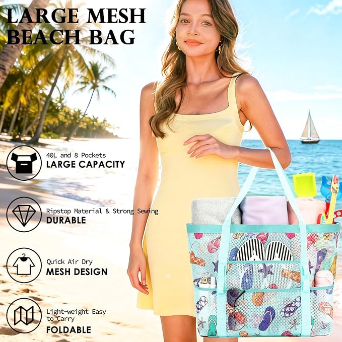 Fammart Mesh Beach Bag, Large Beach Tote with Zipper Pocket for Family Pool Bag for Toys & Vacation Essentials