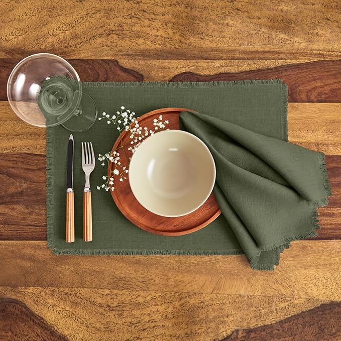 Solino Home Fringe Linen Cloth Napkins Set of 4-100% Pure Linen Desert Green Dinner Napkins 20 x 20 Inch for Winter, St Patricks Day - Handcrafted and Machine Washable