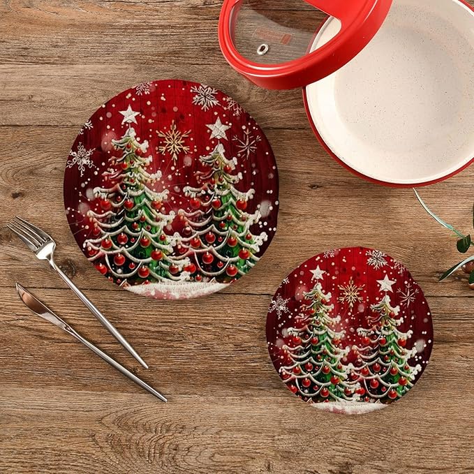 Boccsty Two Merry Christmas Trees Trivet Mat 2PCS Winter Snowflake Red Round Woven Potholders Kitchen Table Countertop Protector Hot Pads Farmhouse