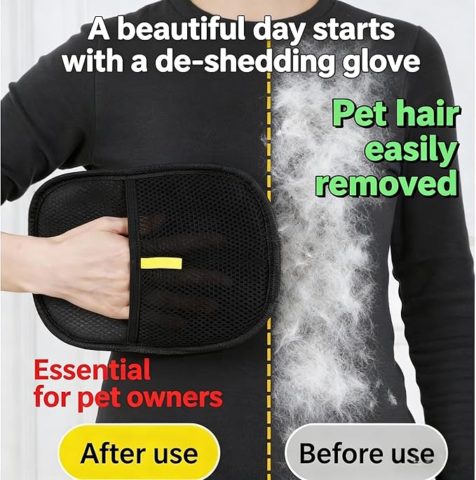 Pet Hair Removal Glove, 2 Pack Reusable Grooming Tool for Cats and Dogs, Hair Remover for Couch, Furniture, Carpet, Curtain, Black and Yellow