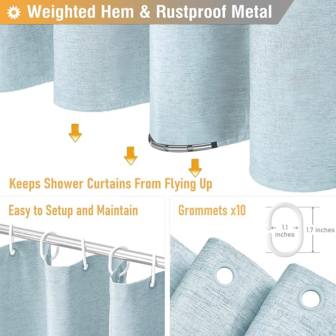 BTTN Stall Fabric Shower Curtain - 54x78 Inch Long Linen Textured Heavy Duty Shower Curtain Set with 10 Plastic Hooks, Narrow Neutral Outdoor Weighted Waterproof Shower Curtains for Bathroom, Fog Blue