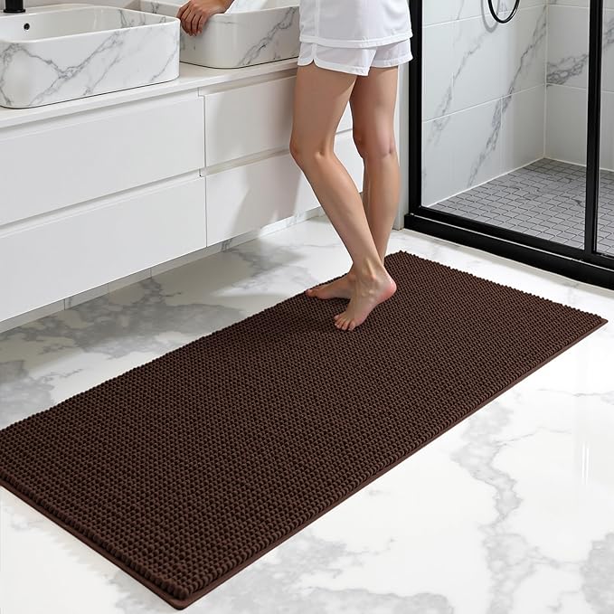 SUBRTEX Bathroom Rugs, 24" x 60" Chenille Bath Rug Soft Short Plush Bath Mat Soft Shower Mat Water Absorbent Shower Mat Quick Dry Machine Washable, Chocolate