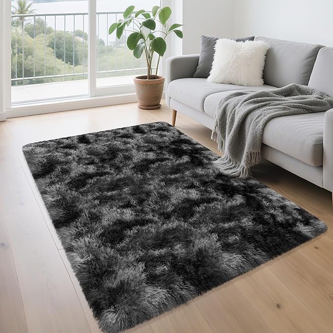 3x5 Dark Grey and Black Shaggy Rug for Bedroom Living Room Soft Fuffly Shag Carpet Plush Gray Area Rug Indoor Furry Kids Play Mat for Girls Boys Room Dorm Nursery Home, Tie Dye