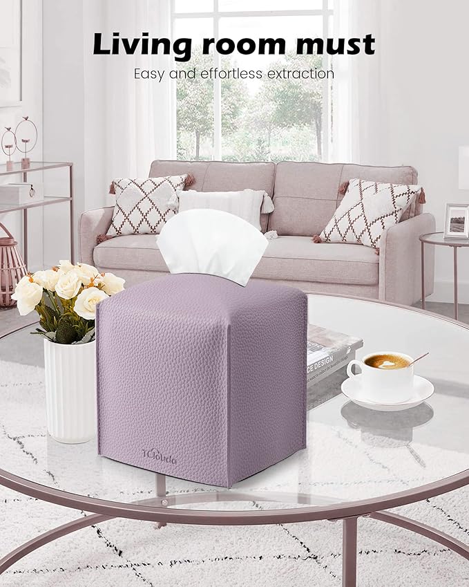 Tclouda Tissue Box Cover for PU Leather, Modern Simple Solid Color Holder Square Tissue Bag, Ideal for Bathrooms,Office,Car,Nightstand,Outdoor Tent,Dining Table,5"X5"X5", Single Purple