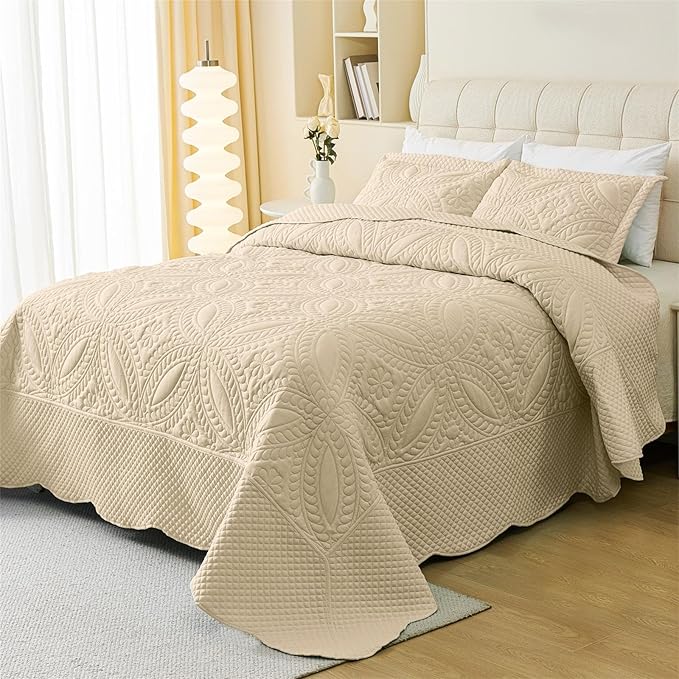 Cmfshape King Bedspread 106"x96",3 Piece King Quilt with 2 Shams,Lightweight Beige Quilt Set for All Season,Modern Coin Pattern Bedding Set(1 Quilt,2 Pillowshams)