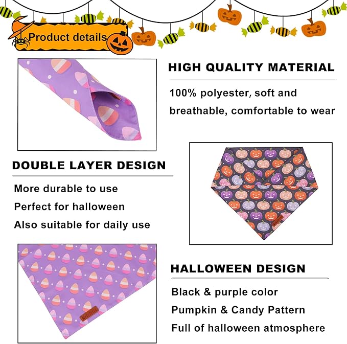 ADOGGYGO Halloween Dog Bandanas 2 Pack, Triangle Reversible Pumpkin Candy Print Pet Scarf Bib, Purple Halloween Bandans for Extra Large Dogs (X-Large)