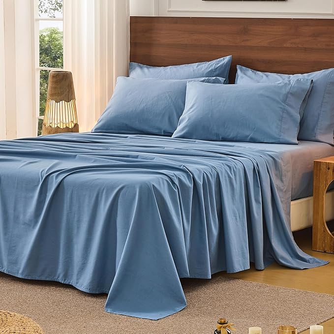 Bedlifes 100% French Pure Linen Sheets California King Size Breathable and Cooling Flax Sheet Set Soft Durable and Moisture Wicking 16 Inch Deep Pocket-4 Piece(Cal King,Flint Blue)
