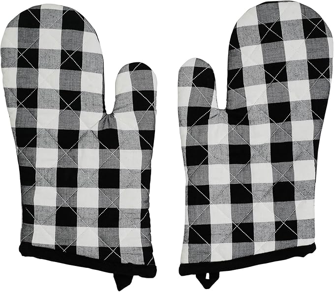 VHC Brands Cotton Oven Mitt Set of 2, Heat Resistant, Baking Glove Pot Holder, Kitchen Mitts, Annie Buffalo Check Collection, 12.5x8, Country Black & White Checkered