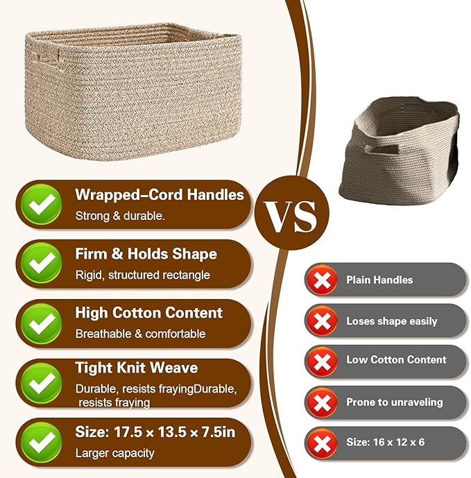 3 Pack Large Storage Basket for Organizing, 17.5"x13.5"x7.5" Woven Basket for Shelves, Closet Cube Storage Bins with Wrapped Handle, Cotton Rope Baskets for Kitchen, Clothes, Toys(Natural)