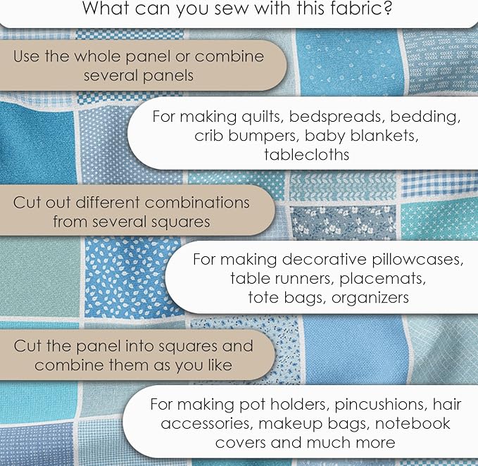 Cotton Satin Patchwork Fabric Panel – 35 Designs, 20×20 cm Squares, Single Piece 150×110 cm, Blue Patchwork Quilt Fabric(Ocean Breeze Patchwork Set, 35pcs 8x8 inch)