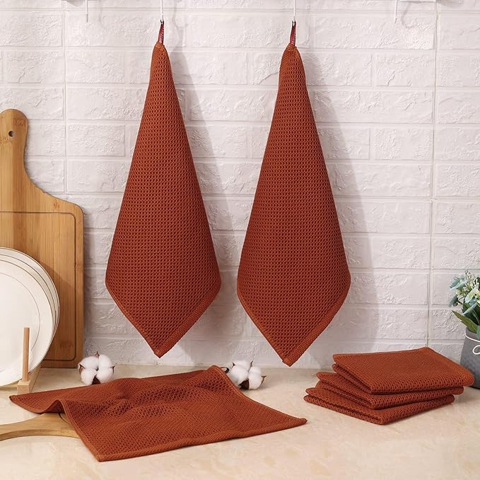 Kitinjoy 100% Cotton Kitchen Dish Cloths, 8 Pack Waffle Weave Ultra Soft Absorbent Dish Towels for Drying Dishes Quick Drying Kitchen Towels Dish Rags, 12 X 12 Inches, Rust