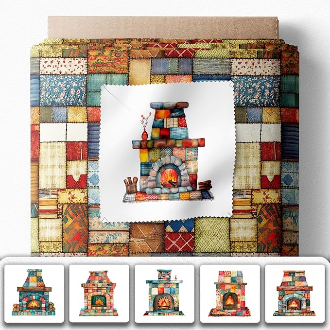 Patchwork Fireplace Cotton Fabric Panel – 6 Designs (10×10 inch Each) + Bonus Sheet 29.5×19.6 inch, 100% Cotton 140 GSM, Made in Türkiye